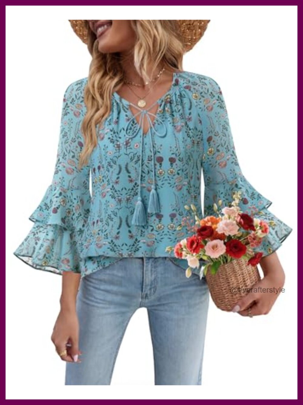 Womens Floral Chiffon Blouse Ruffle Sleeve V Neck Tassel Tie Front Boho Top
